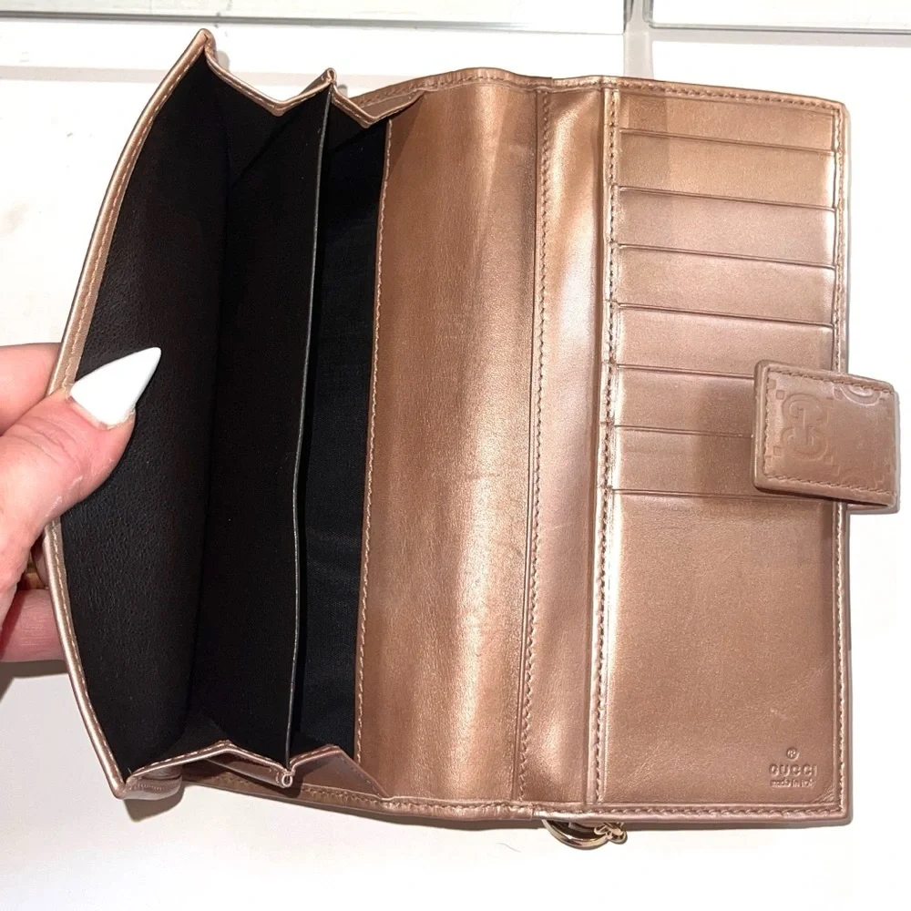 Gucci Guccissima GG Rose Gold Long Bifold Continental Wallet Zip Snap Shima